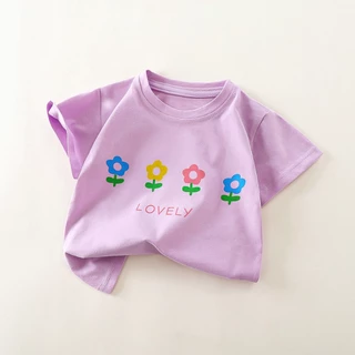 เสื้อยืดแขนสั้นเด็กหญิง เสื้อยืดเด็ก ผ้าฝ้าย100% สีพื้น ดอกไม้ เหมาะสำหรับเด็กอายุ 1-12 ปี