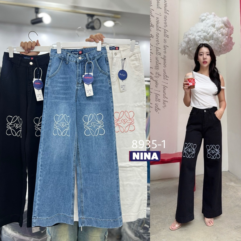 👖NN-ST🌟#8935-1 งานสวยเว่อร์ยีนส์ส่งกระบอกผ้าไม่ยืดงานพับปลายขา ปักโลเอเว่ หน้าขา เข้ากันสุดๆ งานเอวสูง เก็บทรง เก็บหุ่น