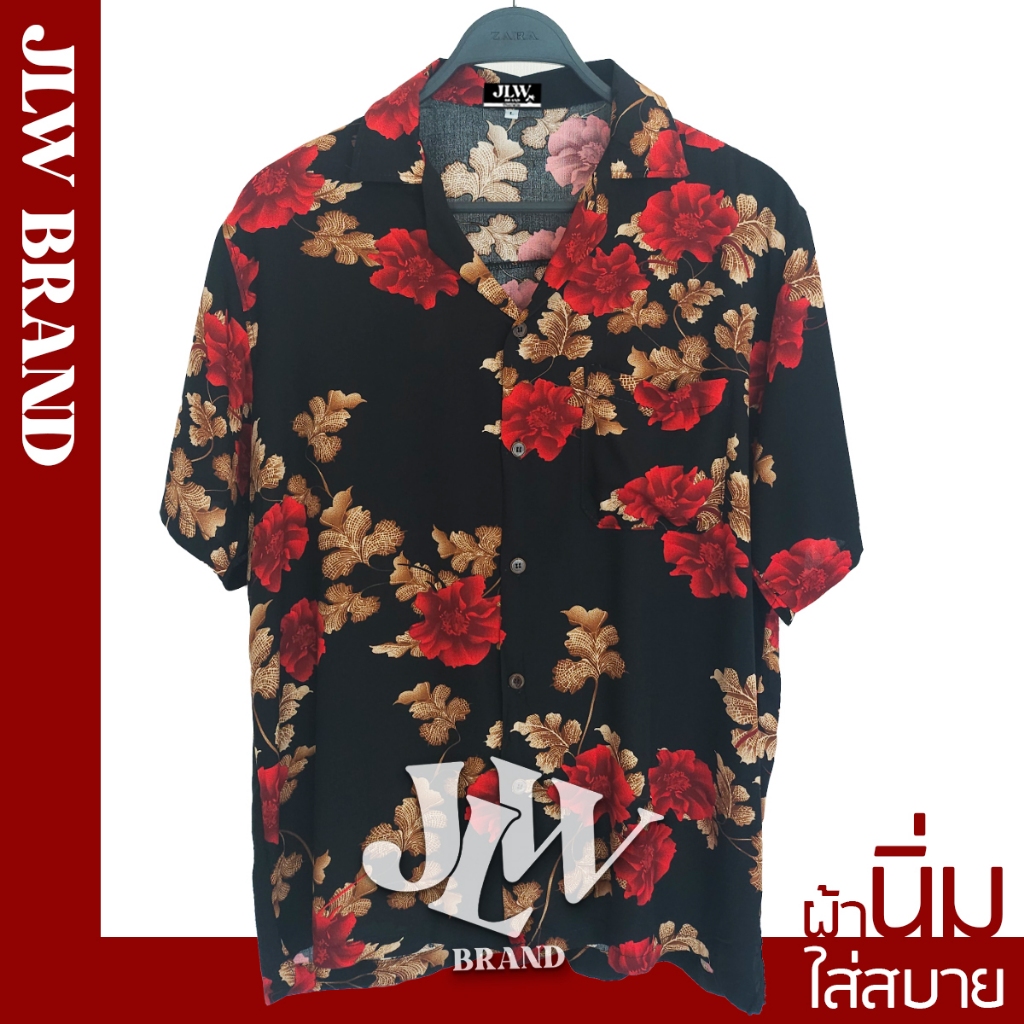 เสื้อฮาวาย ลายดำดอกแดง ผ้านิ่มใส่สบาย JLW BRAND ผ้าเรย่อน