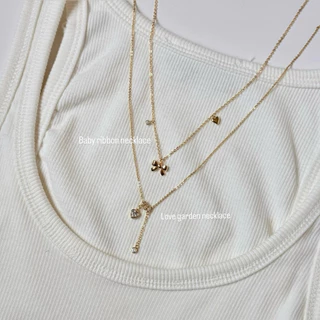 TROPHIES.CO - Baby ribbon necklace สร้อยคอโบว์ หัวใจ เพชร
