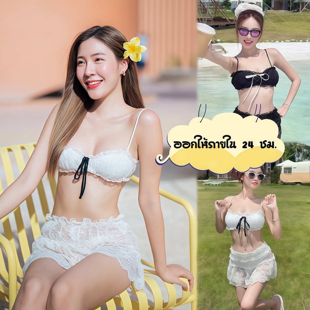 ชุดว่ายน้ำผู้หญิง กระโปรง. ชุดบิกินี่สีขาว เซต3ชิ้น มีฟองน้ำ ผ้าลูกไม้คุณภาพสูงbeach#0575