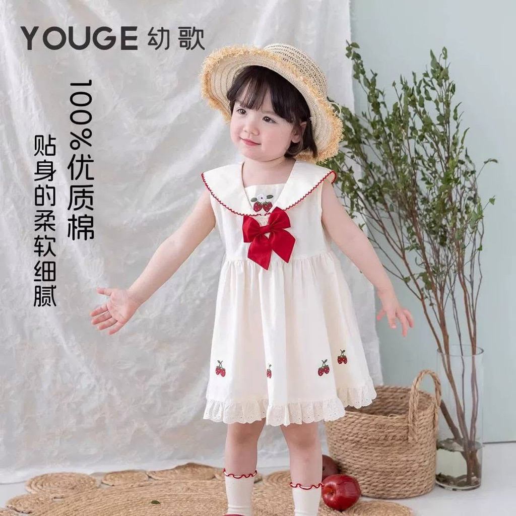 🍎พร้อมส่ง ชุดเดรสเด็กหญิงสีขาวครีม โบแดง🍎