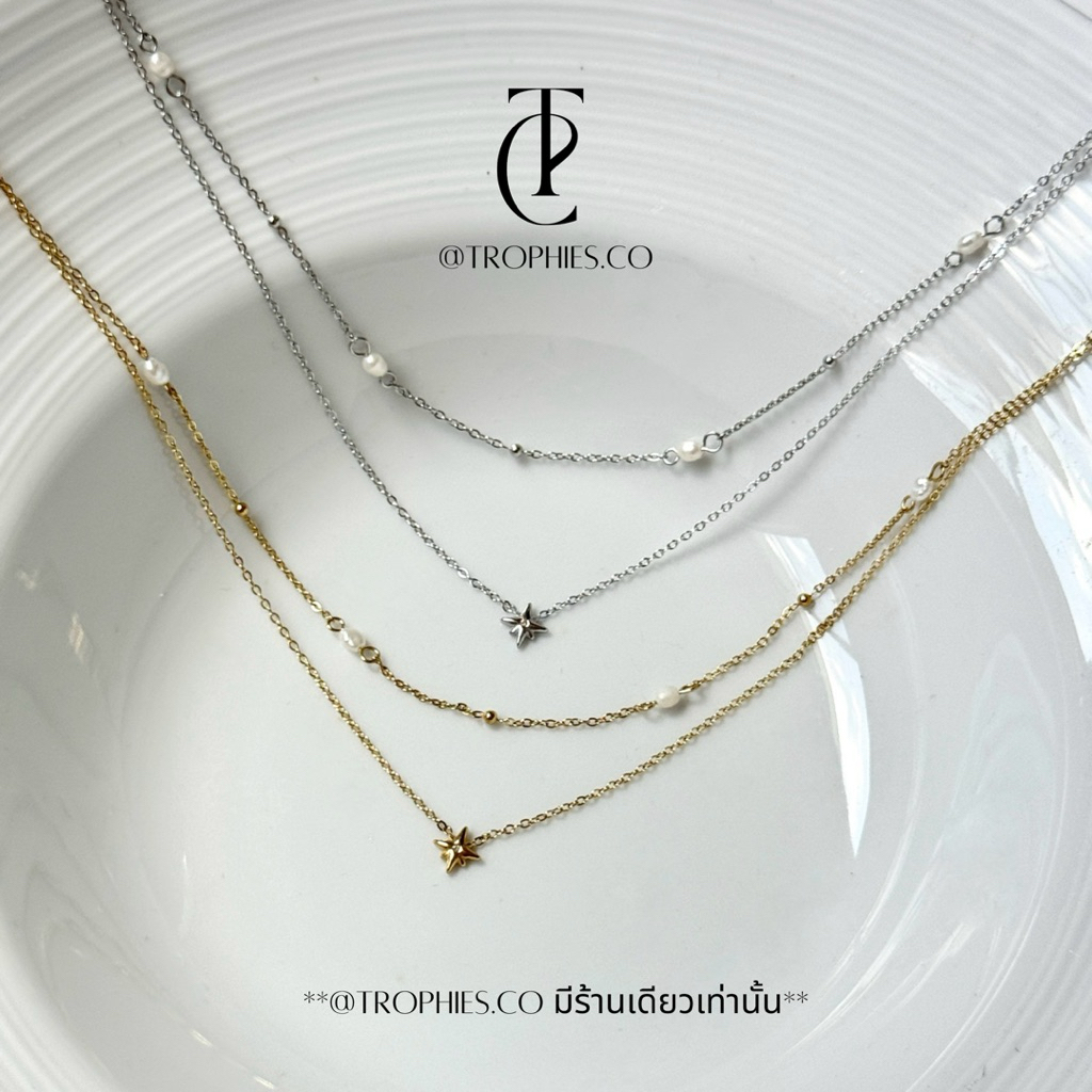 Northie pearl necklace ‘𝑀𝑜𝑜𝑛𝑙𝑖𝑡 𝑔𝑙𝑜𝑤 𝑐𝑜𝑙𝑙𝑒𝑐𝑡𝑖𝑜𝑛’ สร้อยคอดาวไข่มุก2เลเยอร์ | @trophies.co