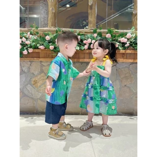 AY092 เซตพี่น้องแสนซน สดใสน่ารัก สไตล์แฟชั่นเด็ก เสื้อเชิ้ตพี่ชาย + เดรสน้องสาว คู่กันน่ารักที่สุด