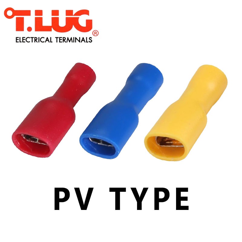 PV1.5-7A,PV2.5-7A,PV6-7A หัวเสียบตัวเมียรุ่นแบนหุ้มเต็ม สีแดง น้ำเงิน เหลือง ″T-LUG″ (100PCS/BAG) **ขายยกแพ็คๆละ100อัน**