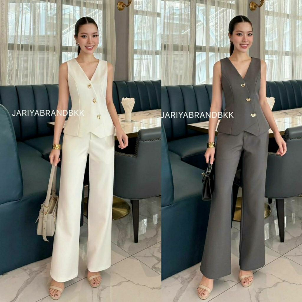 (S-XL) Jariya📣พร้อมส่งชุดเซ็ท2ชิ้นคอวีแขนกุดกระดุมทอง+กางเกงขายาวทรงกระบอกทรงสวยเนื้อผ้านุ่มใส่สบาย