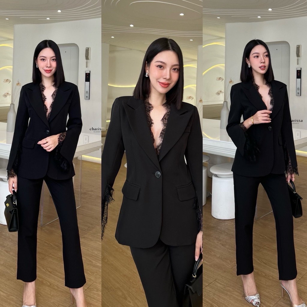 CHARISSA  70050 ชุดสูทปกคอเสื้อลูกไม้งานสวยหรู