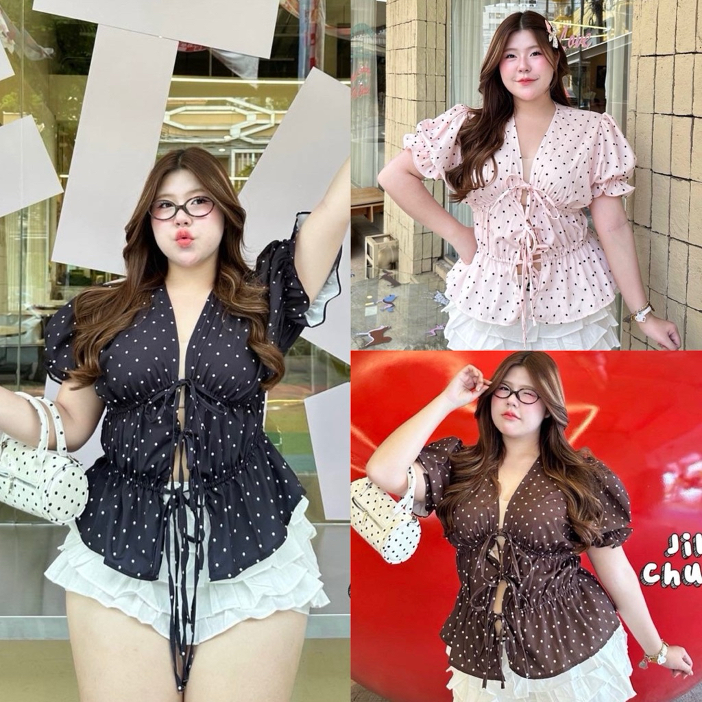 เสื้อแฟชั่น polka dot ลายจุด (ผูกอก) เสื้อสาวอวบ อก40-52นิ้ว