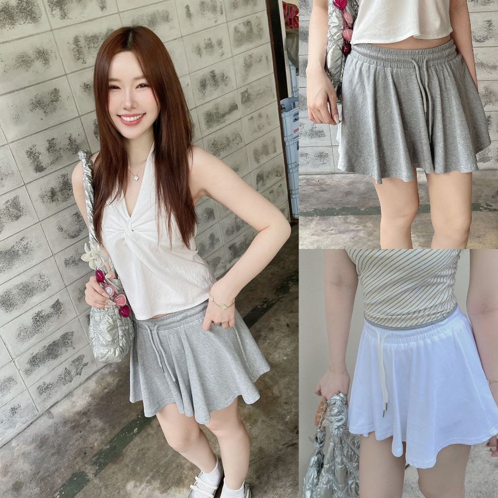 ส่งด่วน🚨 ขาว/เทา SLYQ STELLA JERSEY SKORTS กระโปรงเทนนิส กระโปรงกางเกงจีบรอบเอวยางยืด