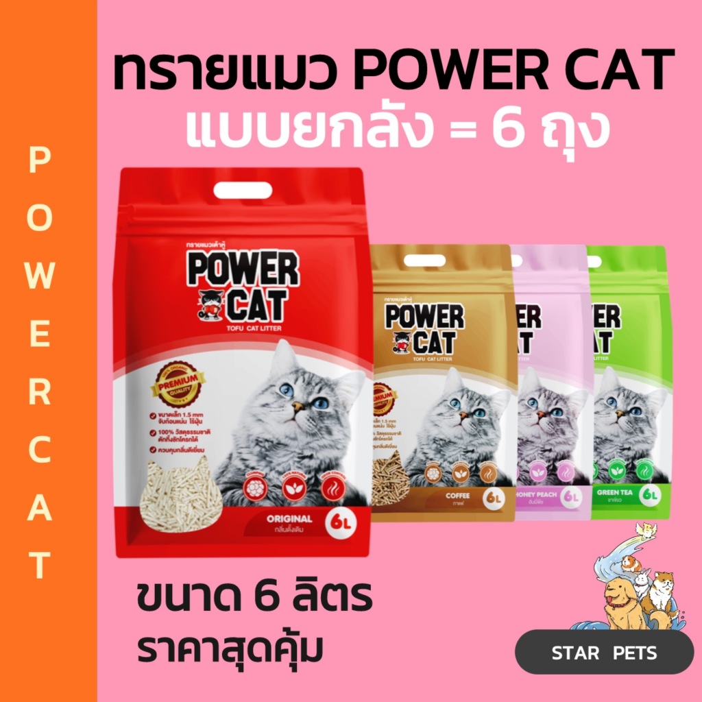 ยกลัง 6 ถุง Power Cat ทรายเต้าหู้ 100% 6L จับก้อนแน่น ไร้ฝุ่น ควบคุมกลิ่นดีเยี่ยม (มี 4 กลิ่น)