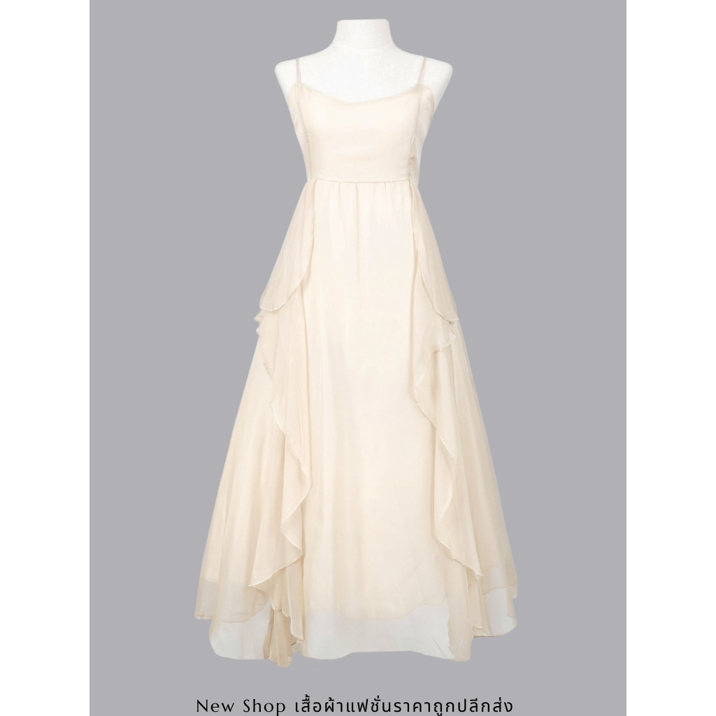 งานแต่งงานและงานอีเว้นท์ สีเหลืองนวล คอเหลี่ยม ซิปซ่อนด้านหลัง  ผ้าโพลีเอสเตอร์ ความยาว47