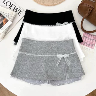 Jennyพร้อมส่ง🍋กระโปรงสั้น กระโปรงมินิ แต่งลูกไม้ ติดโปว์ ทรงเอ ทรงรัดรูป มีซับใน สีพื้น ผ้ายืด สุดฮิด Y2K แฟชั่นผู้หญิง