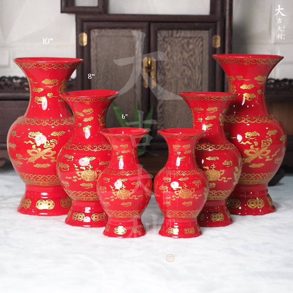 แจกันสีแดงสด ลายมังกรคู่ เจียใช้ทองเงา เซรามิคเกรดA แข็งแรง หนา ทนทาน ขนาด 6 / 7 / 8 / 10 นิ้ว