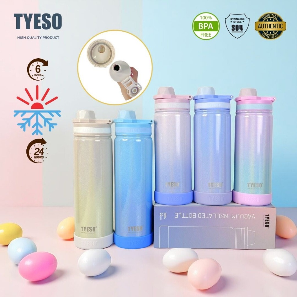 TYESO สีพาสเทลประกายมุก ขวดน้ำเก็บอุณหภูมิ ร้อน & เย็น 600ML / 750ML แถมยางรองในชุด สแตนเลส 304