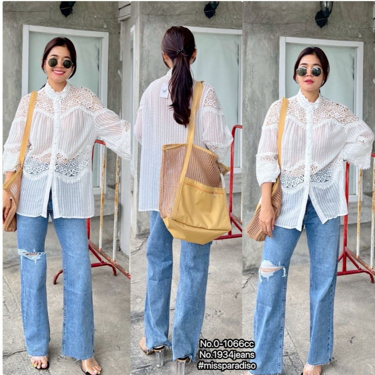 0-1066CC เสื้อลูกไม้คอจีนตัดต่อลูกไม้ขาวเสื้อเชิ๊ตคอปีน แขนยาวผ้าสลับลูกไม้ ผ้ากึ่งชีฟองนิดๆ☀️