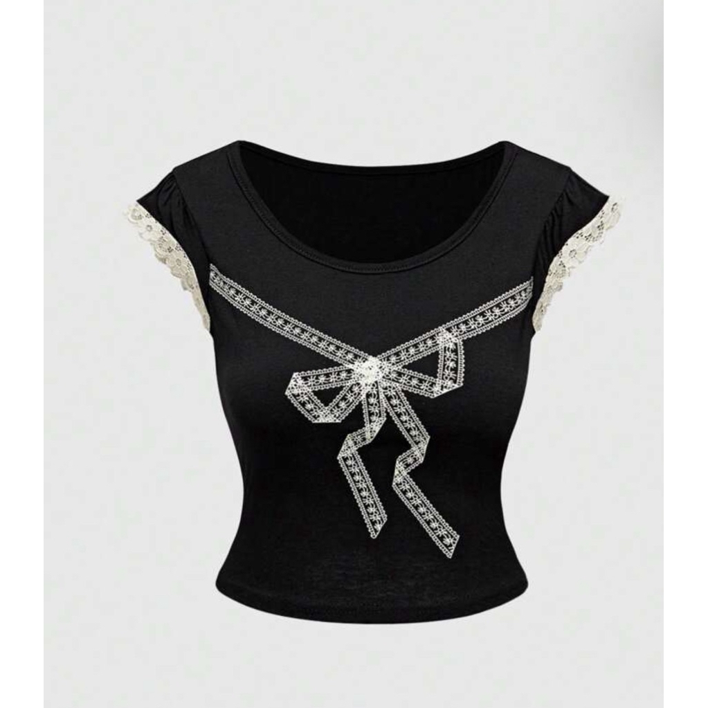 ROMWE เสื้อยืด โบว์ลูกไม้