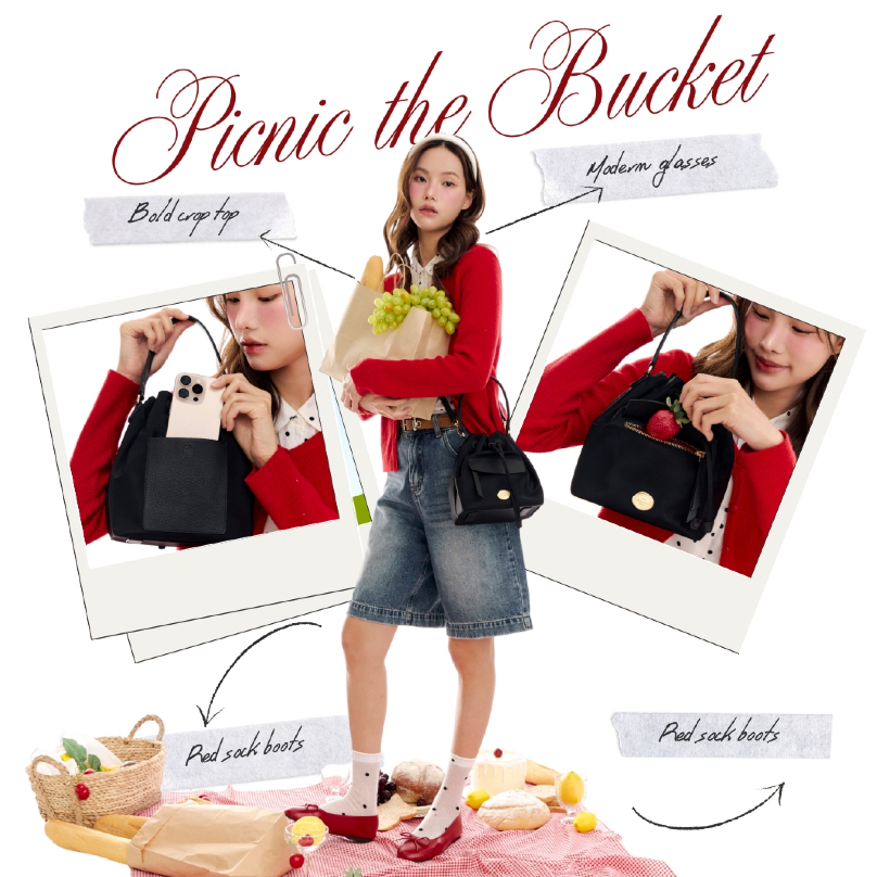 PICNIC The Bucket Bag  กระเป๋าทรงจีบสุดน่ารัก ผ้าพรีเมียมไนลอน  สายหนังแท้  มีสายยาวให้ทุกใบ MONOMEBKK - รูปที่ 3
