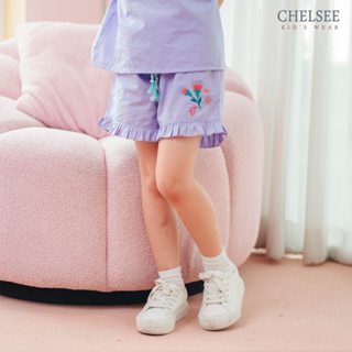 Chelsee กางเกงขาสั้น ปักลายดอกไม้ ปลายขาระบาย น่ารัก ผ้า Wov…