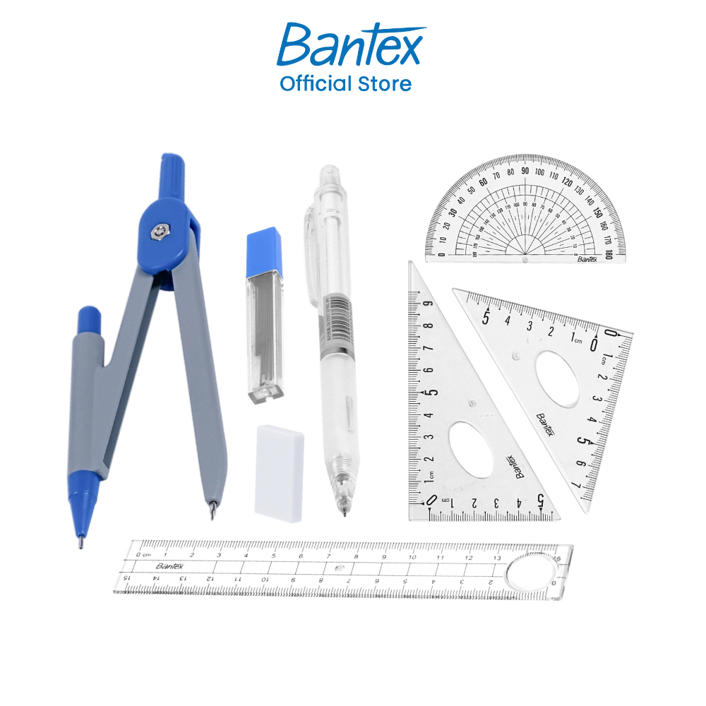Bantex ชุดเรขาคณิต เซ็ต 8 ชิ้น วงเวียน ไม้โปรแทรกเตอร์ ไม้บรรทัด Compass ruler