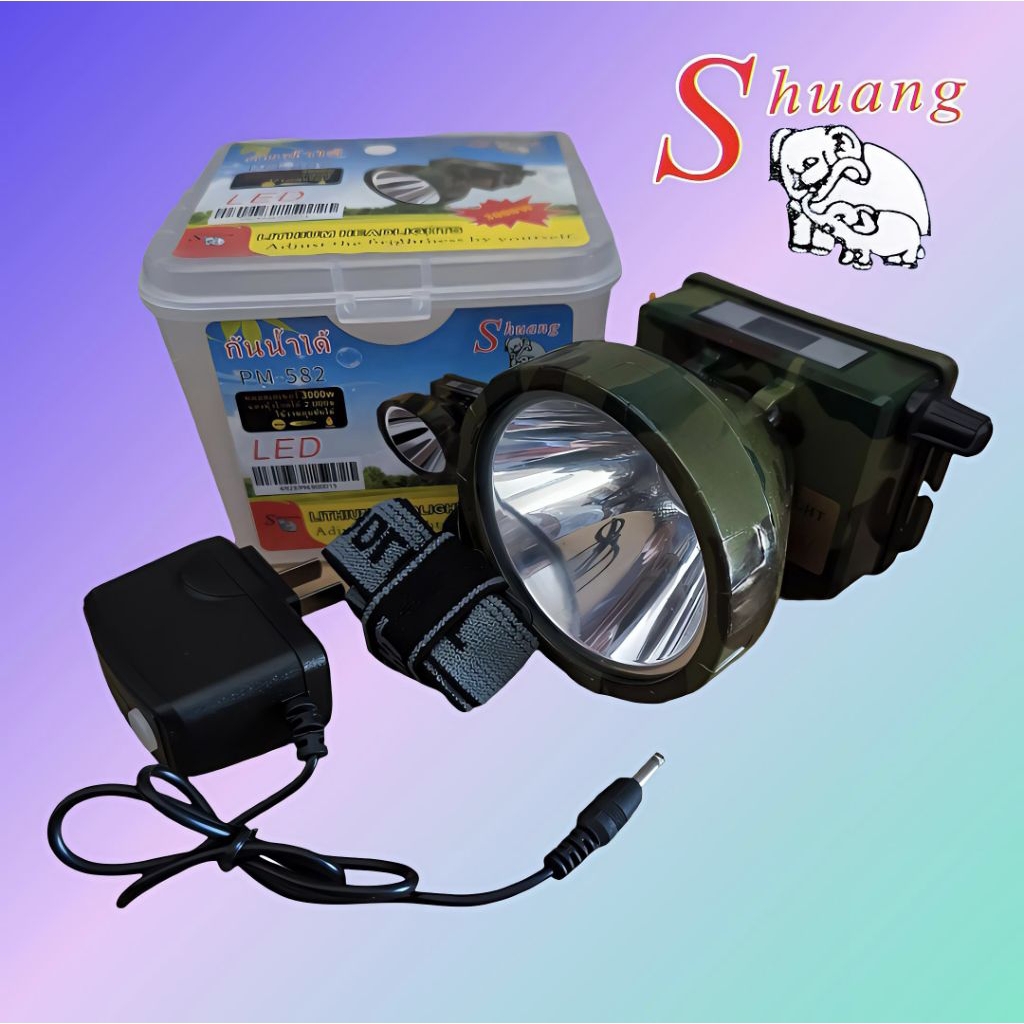 ไฟฉายคาดหัว PM-582 ไฟฉาย LED 3000W แสงแรงพิเศษ หน้าจอ LED แสดงเวลา ใช้งานได้นาน 10-20 ชั่วโมง พร้อมที่ชาร์จไฟบ้าน