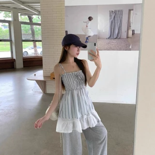 ส่งทันทีCici (NO. Y6325) เสื้อสายเดี่ยวสม็อครอบตัว ดีเทลลายริ้วตัวยาว สายปรับได้ แต่งเลเยอร์ 2 ชั้น สไตล์สาวหวานเกาหลี