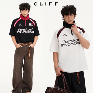 CLIFF แขนสั้นซิปครึ่ง เสื้อโปโล สไตล์อเมริกันวินเทจ สไตล์สปอ…