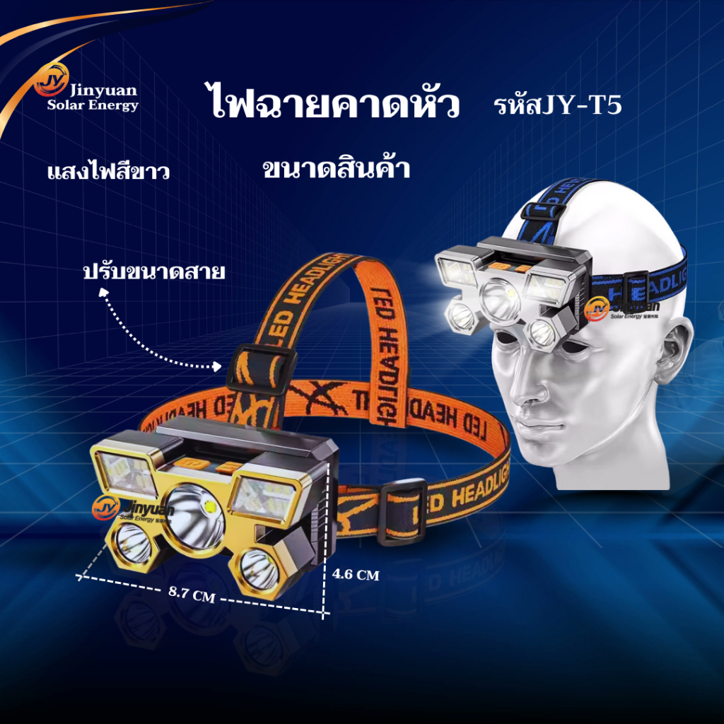 ไฟฉายคาดหัวชาร์จ USB ไฟฉายคาดหัวไฟ LED แข็งแรงพร้อมไฟส่องสว่าง5ดวง แสงสว่างกว้าง ลุยน้ำ ลุยฝนJY-T5