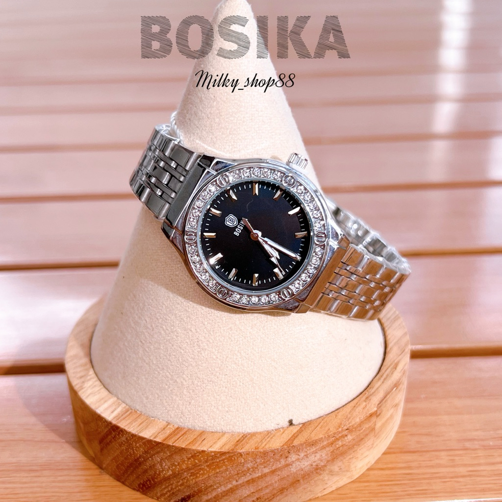(M49) BOSIKA นาฬิกาสายสแตนเลสสตีลแท้ หน้าปัดล้อมเพชร นาฬิกาอนาล็อก สวยหรู  ( 4 สี )