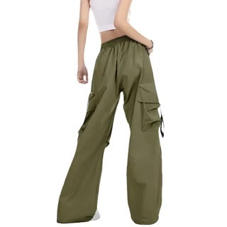 American-style กางเกงขากว้างแบบทำงาน กระเป๋าข้างดีไซน์เชือกรูดสไตล์หลวมแฟชั่นCargo women pants Casual wide leg คุณภาพสูง