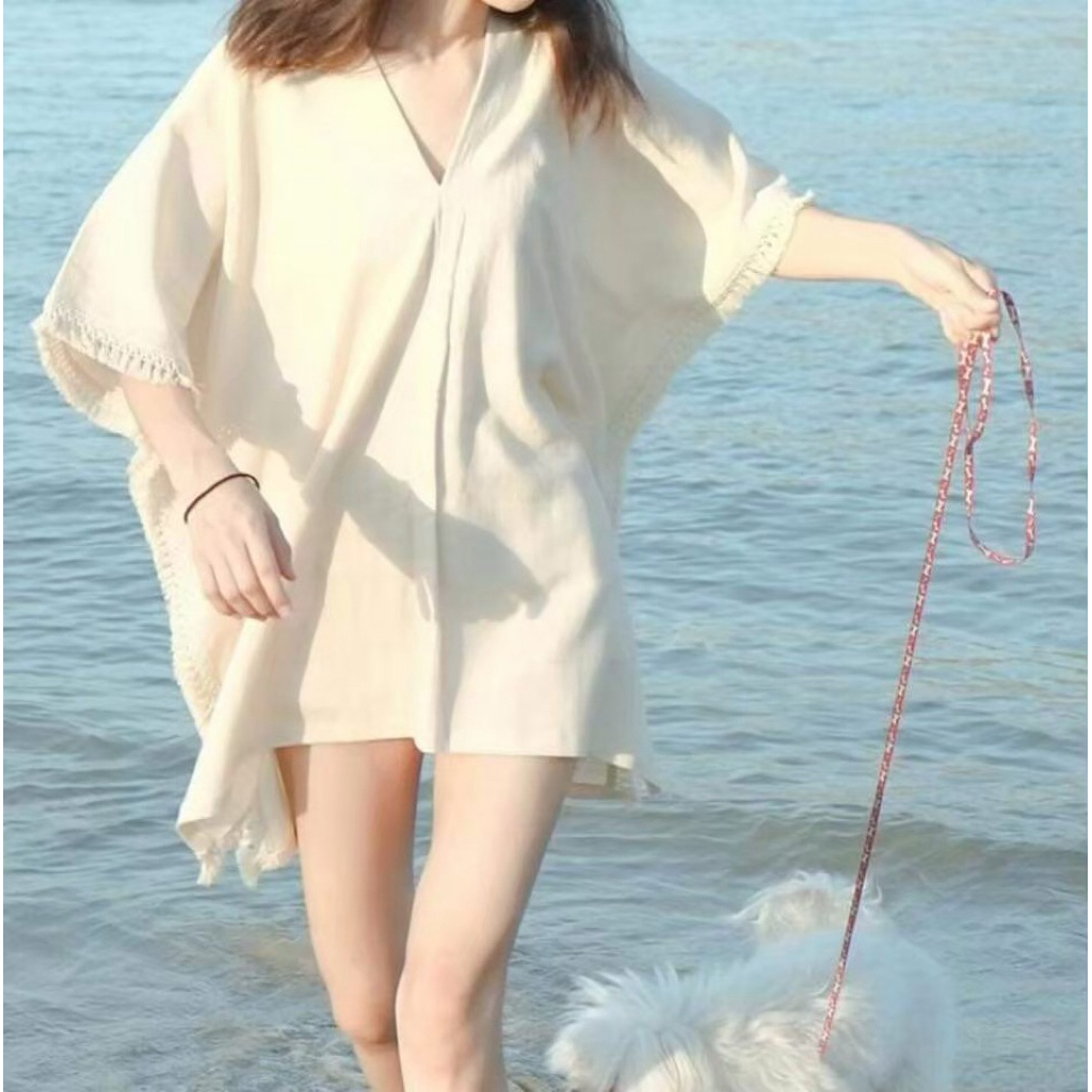 Karen mini dress เสื้อผ้าฝ้ายสีธรรมชาติ ทรงกระเหรี่ยง