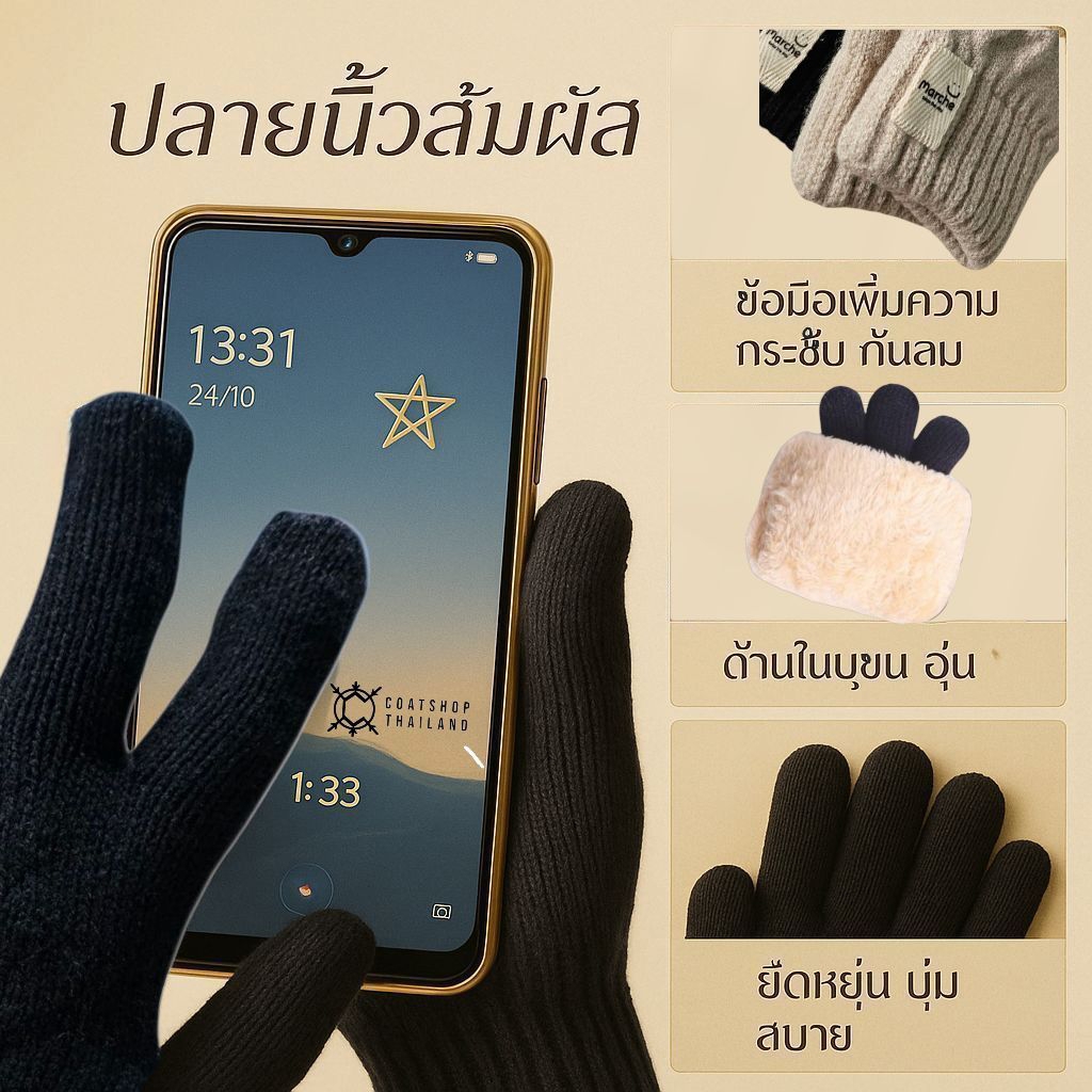 [พร้อมส่ง🇹🇭+ส่งฟรี] ถุงมือกันหนาว ไหมพรม ทัชกรีนได้ ด้านในบุขน หนานุ่ม อุ่น ใส่สบายติดลบ