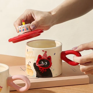 แก้วลายแมว มินิมอล แก้วของขวัญ แก้วสุดน่ารัก แก้วกาแฟ มีหูจับ แก้วคาเฟ่ แก้วมีฝาปิด แก้วสวยๆ แก้วใส่มัทฉะ ของขวัญวันเกิด