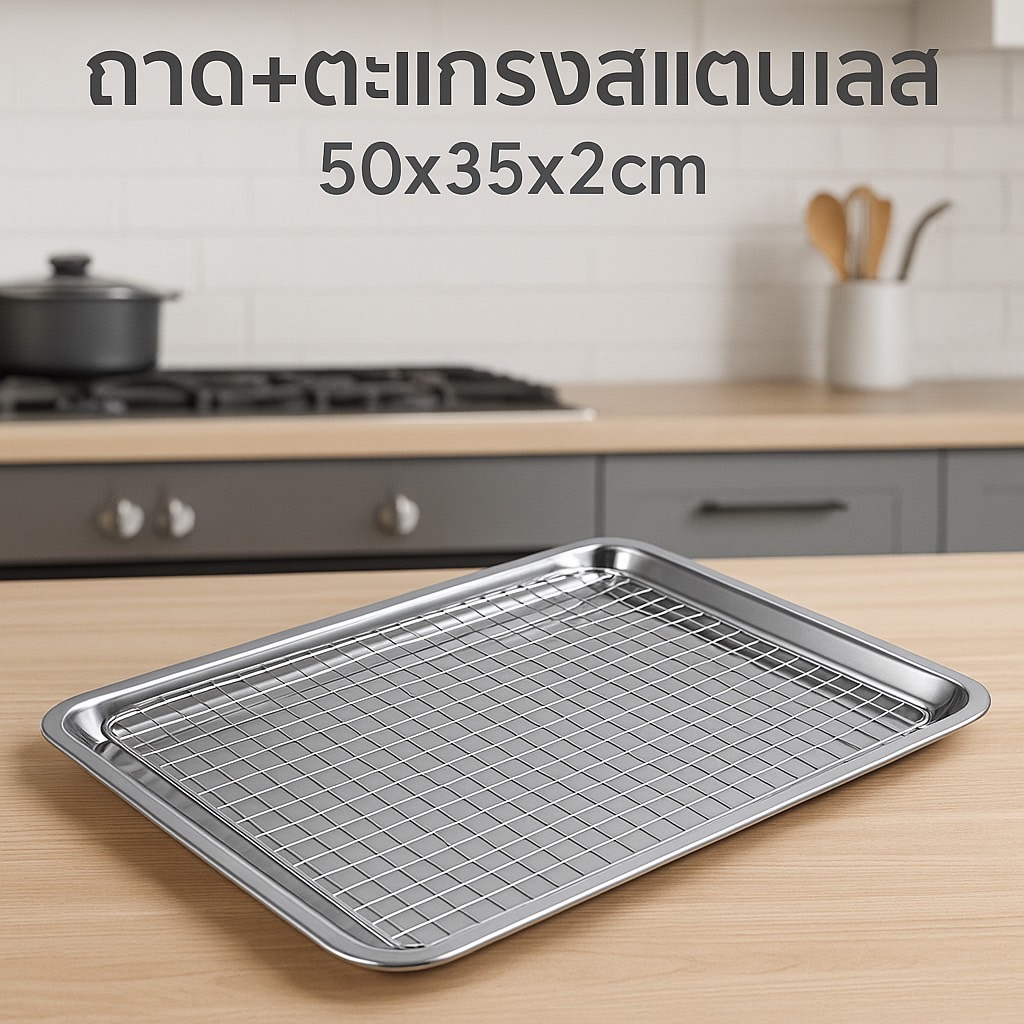 ถาดพร้อมตะแกรง ขนาด50*35*2cm วัสดุสแตนเลส กรองน้ำมันของทอด เหลี่ยม ถาดสแตนเลส ตะแกรง ปิ่งย่าง
