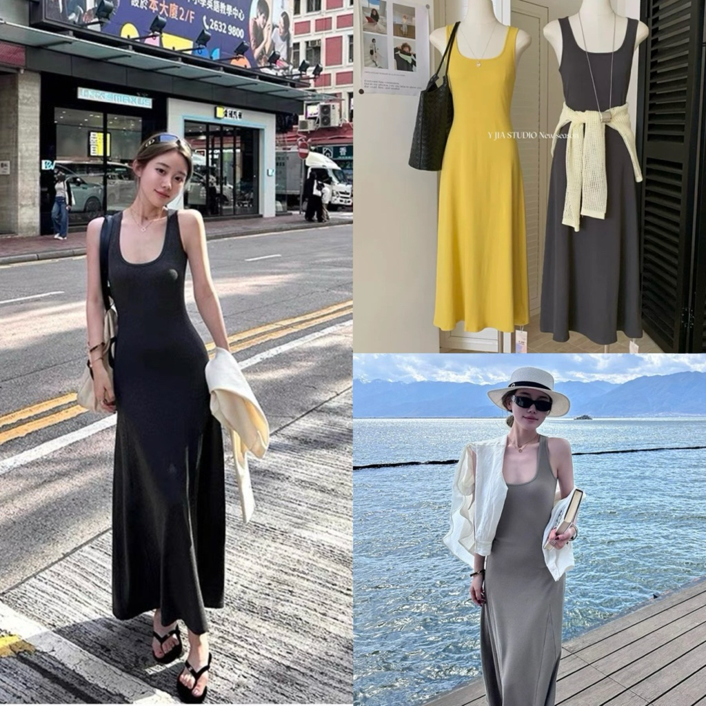 6733# เดรสยาวคอเหลี่ยม เนื้อผ้ายืดหยุ่นอย่างดี  TAG: Y.JIA STUDIO 🇰🇷