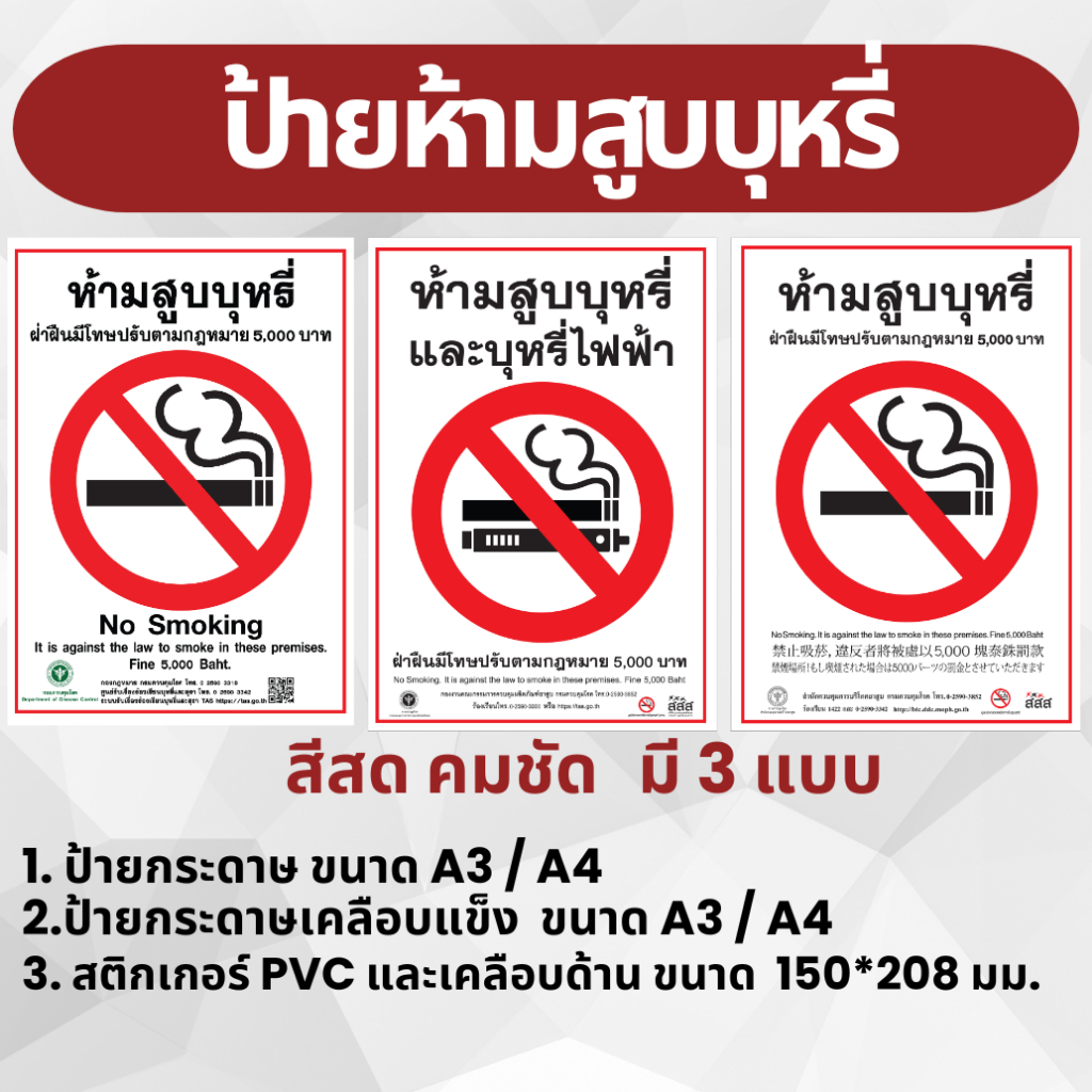 ป้ายห้ามสูบบุหรี่ งานพิมพ์สวยคมชัด กันน้ำ A4,A3 และ สติกเกอร์