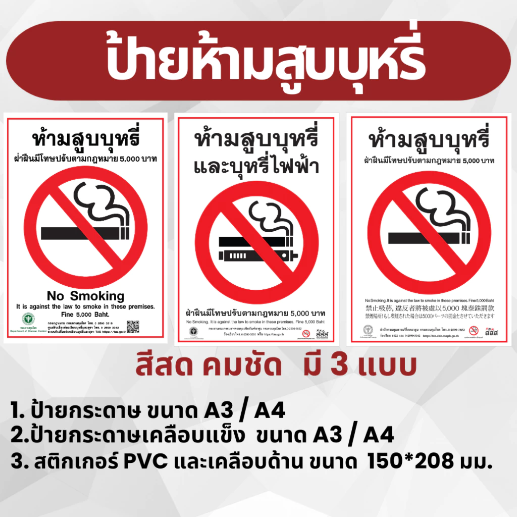 ป้ายห้ามสูบบุหรี่ งานพิมพ์สวยคมชัด กันน้ำ A4,A3 และ สติกเกอร์
