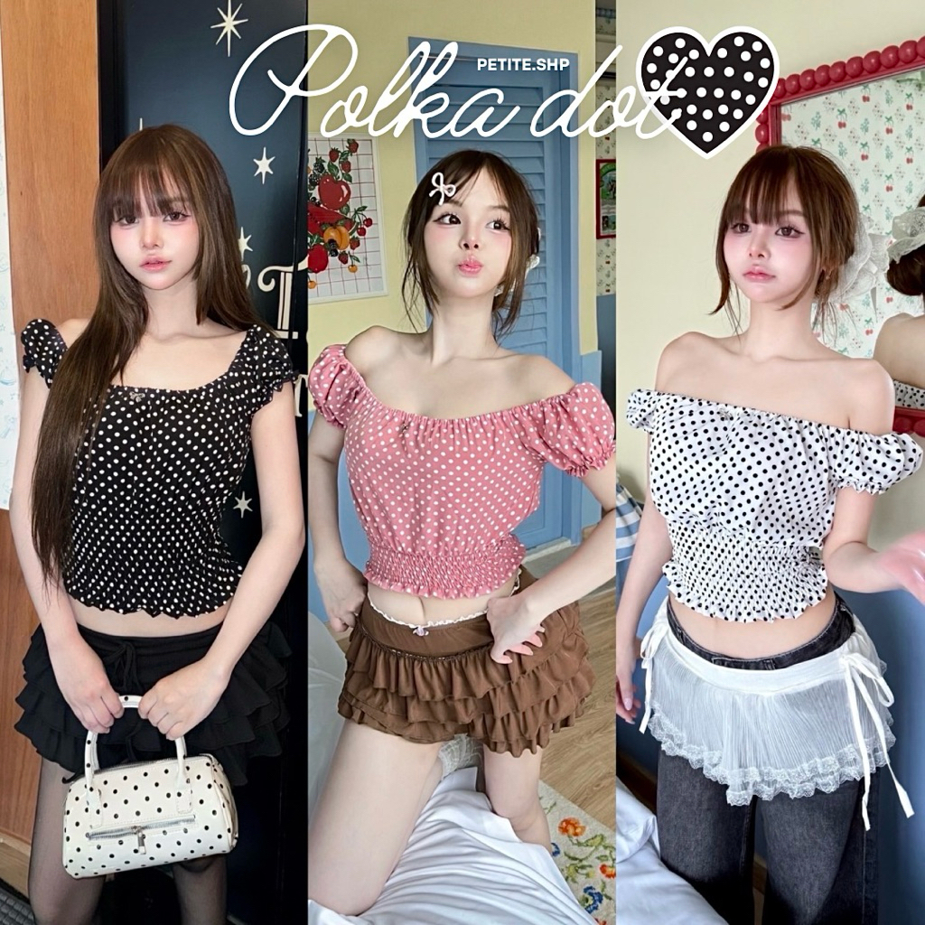 Petite♡︎ Sunshy Dot เสื้อปาดไหล่เอวสม็อค ลายจุด Polka dot