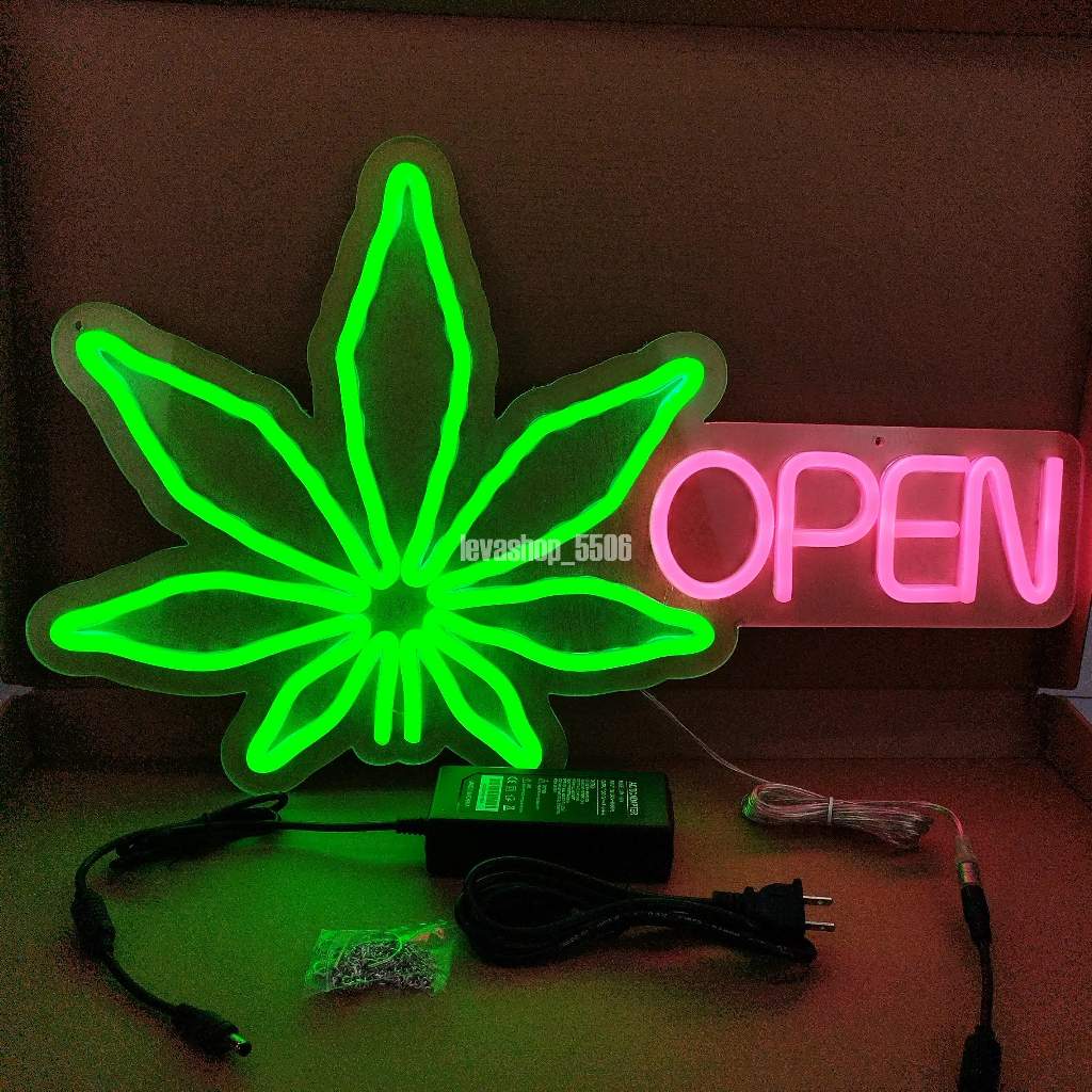 ป้ายไฟ OPEN, กัญชา พื้นใส ป้ายไฟหน้าร้าน ป้ายไฟ Led ป้ายไฟนีออน ประหยัดไฟ เพิ่มเอกลักษณ์สีสัน สวยงาม