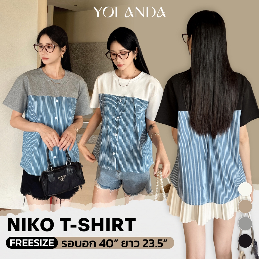 Yolanda เสื้อยืดลายทาง คอกลม แขนสั้น แต่งกระดุม ดีไซน์เก๋ ทรงสวย แมทง่ายกับทุกลุค เสื้อผ้าแฟนชั่น Women 3882