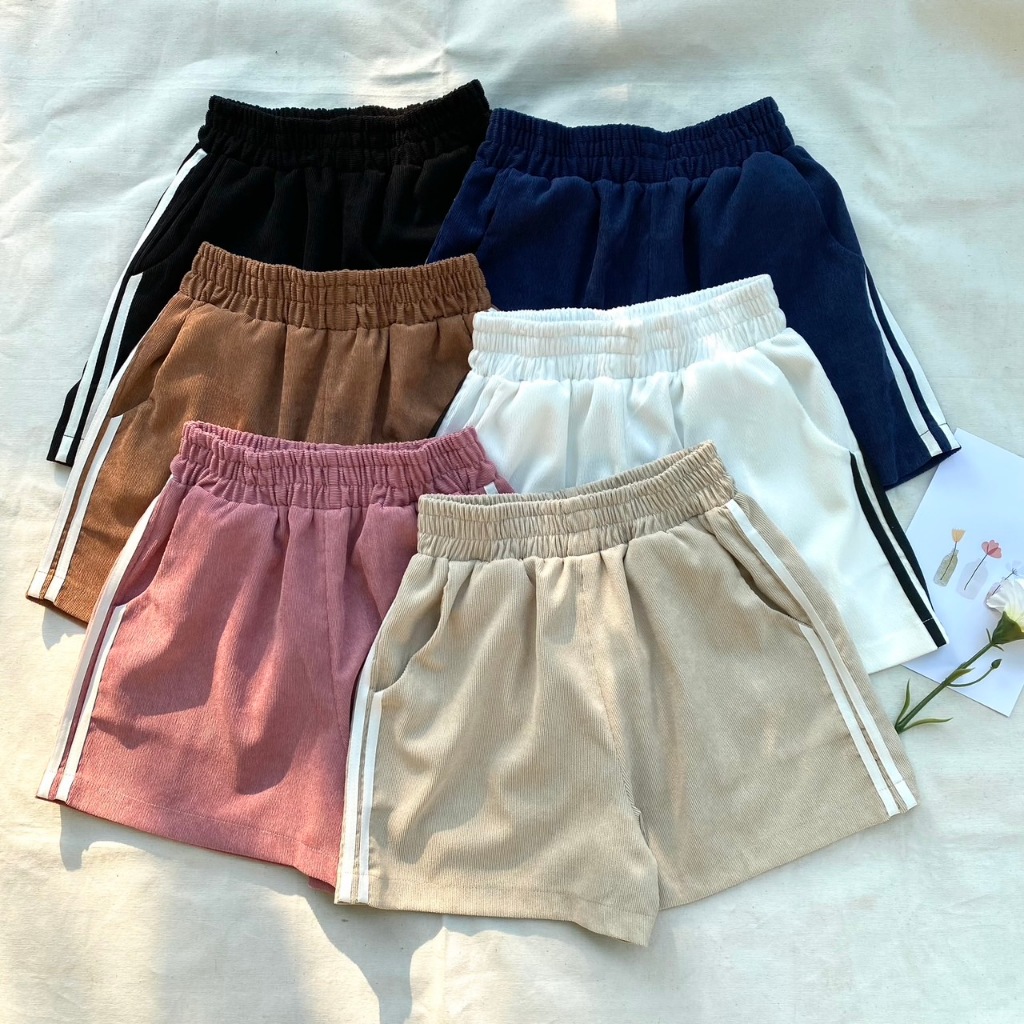 N009 กางเกงขาสั้น ผ้าลูกฟูกลอนเล็ก แถบคู่