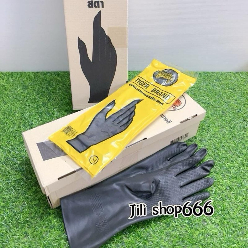 ถุงมือตราเสือใหม่ สีดำหนา<3 คู่ 6 คู่ ยกโหล> ถุงมือแม่บ้านยาว 14นิ้ว ถุงมือทำสวน ล้างห้องน้ำ ราคาถูกใช้งานได้เอนกประสงค์