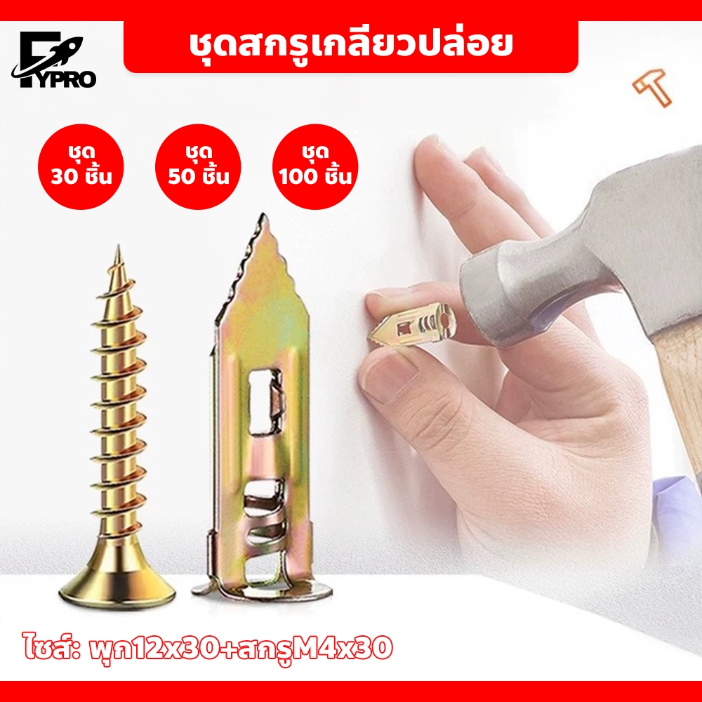 FYP ชุดสกรูเกลียวปล่อย แบบขยาย พุกผีเสื้อ พร้อมสกรู M4x30 สำหรับผนังแบบยิปซั่ม