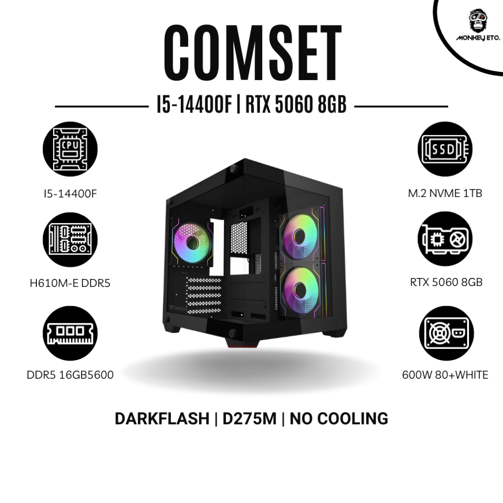 คอมประกอบ Gaming PC I5 14400F / RTX 5060 / M.2 1TB / DDR5 16GB5200 / H610M / 600W - monkey etc.