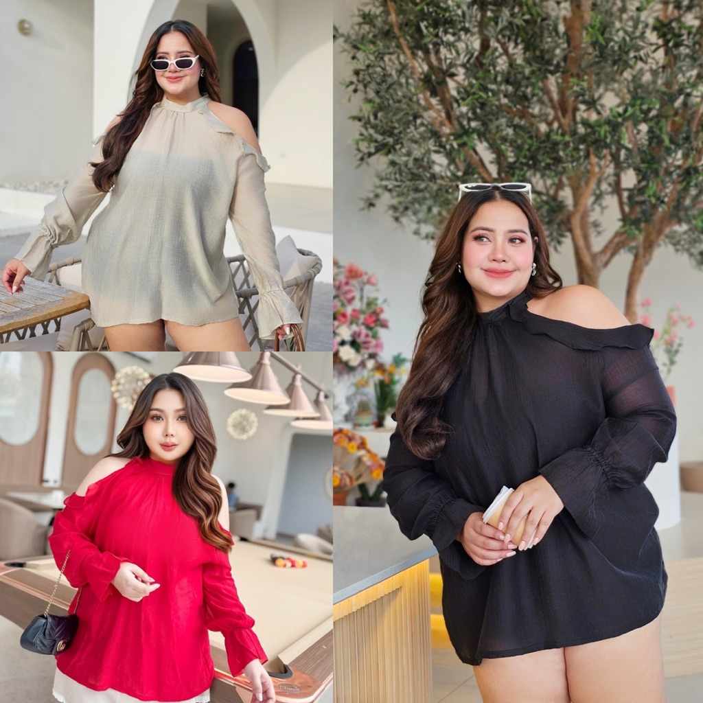 /PF/ เสื้อตัวยาวเปิดไหล่ สาวอวบ มีไซส์อก42-62 ผ้าซีทรู แต่งระบายช่วงเว้า น่ารักมาก #เสื้อไซส์ใหญ่ สาว อ้วน พลัสไซส์