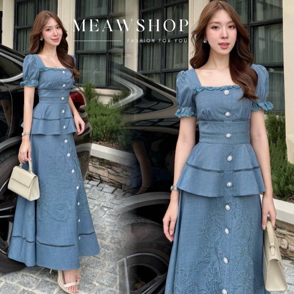 S-2XL เดรสยาวคอเหลี่ยมแขนตุ๊กตา ชุดไปงาน ชุดออกงาน ชุดเพื่อนเจ้าสาว ชุดสาวอวบ ชุดไปคาเฟ่ ชุดไปทะเล เ