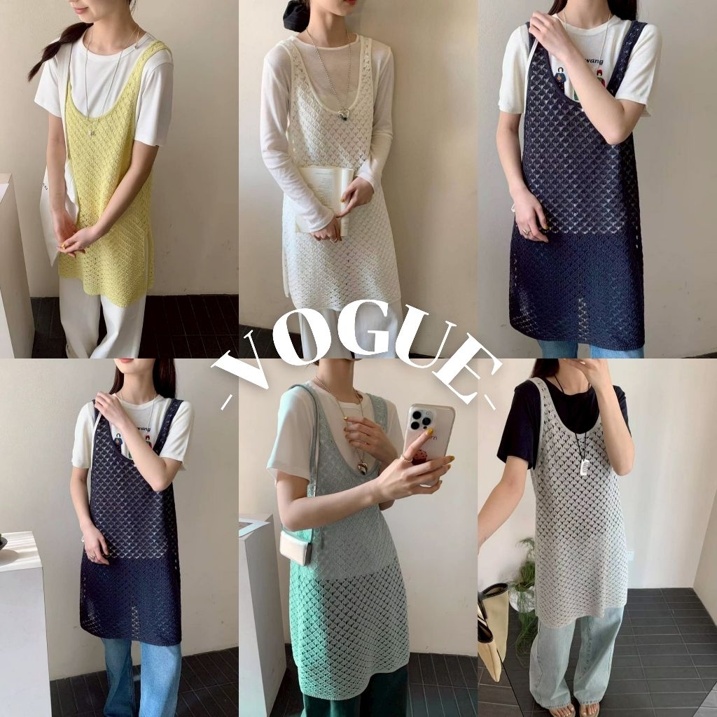 Vogue พร้อมส่ง เดรสถักไหมพรม กระโปรงยาวแขนกุด สีพื้นใส่สวย (73439)