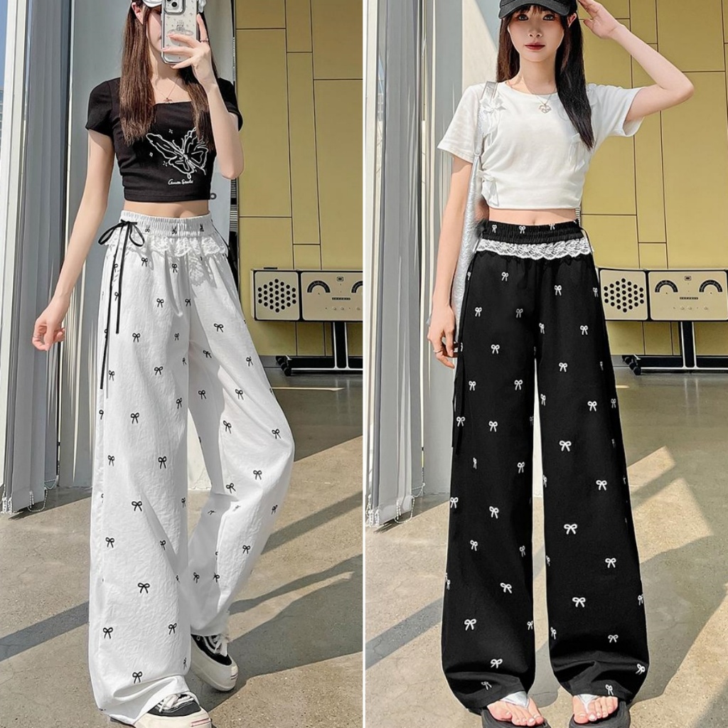 cherryshop พร้อมส่ง กางเกงขากว้างเอวสูงสไตล์เกาหลีลำลองพร้อมโบว์และขอบลูกไม้สำหรับผู้หญิง หย่อน ผ้าเบาพริ้ว ใส่สบาย