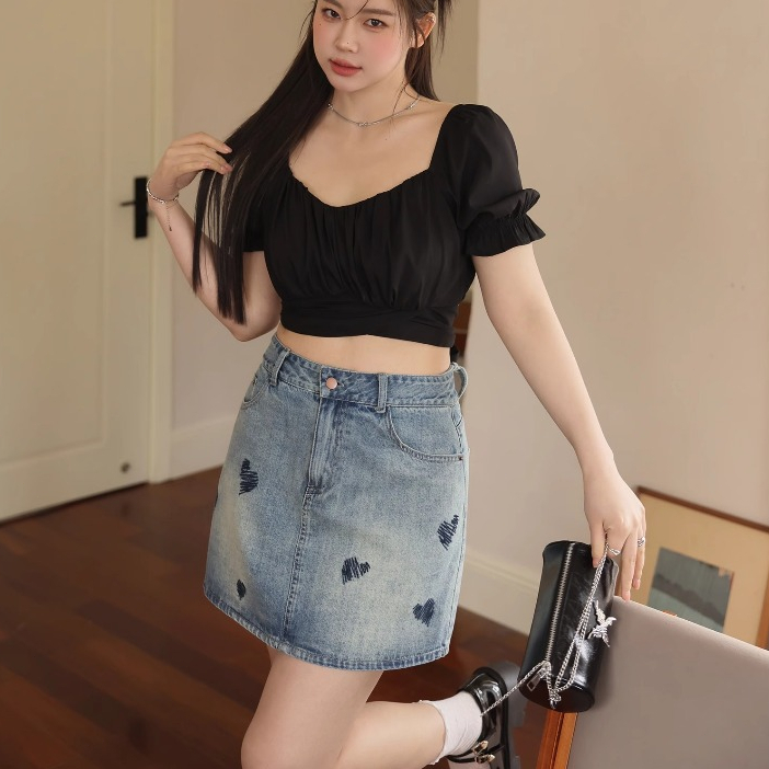 JIAQI  กระโปรงยีนส์  เอวสูงกระโปรงยีนส์สั้นเองสูง ปักหัวใจ กระโปรงสาวอวบ ทรงสวย ขนาด S-5XL[น้ำเงินมหาสมุทร] ราคา ถูกที่สุด ดีลบีเคเค แกลเลอรีภาพที่ 5