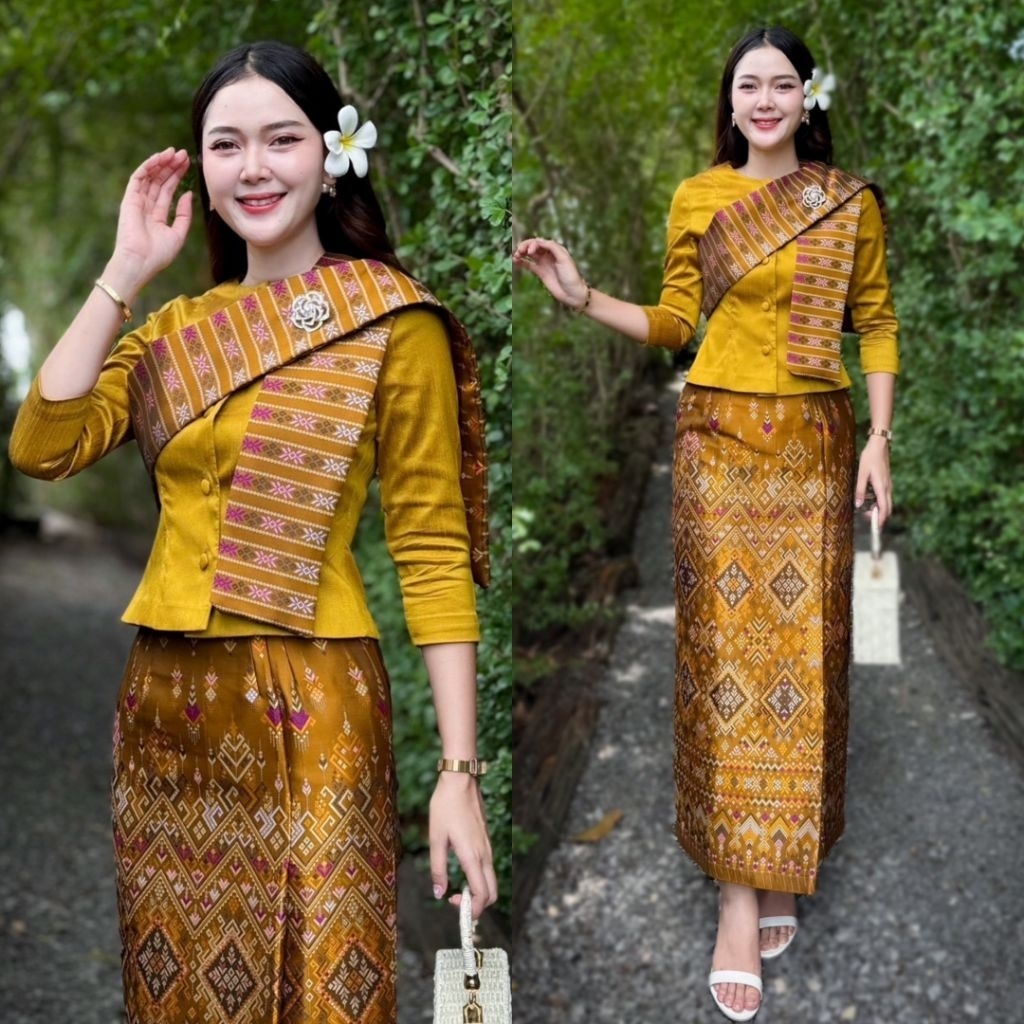 (ทั้งชุด)  HM set 3 ชิ้น เสื้อ+ผ้าถุง+สะไบ ชุดเซตผ้าไทยสีเหลืองทอง เสื้อไทยเรือนต้น +ผ้าถุงแบบสำเร็จรูป