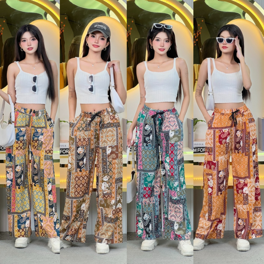 K9196 กางเกงขายาว เอวยางยืด ลายโบฮีเมียน ผ้าเบาใส่สบาย ผ้าเย็นไม่ร้อน